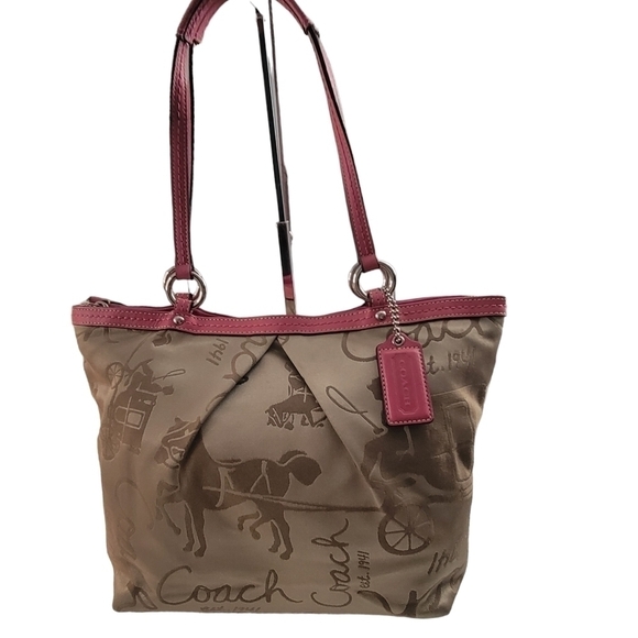 Coach Satin Signature Carriage Horse Bag with Pink Leather Handles EUC - Picture 1 of 12